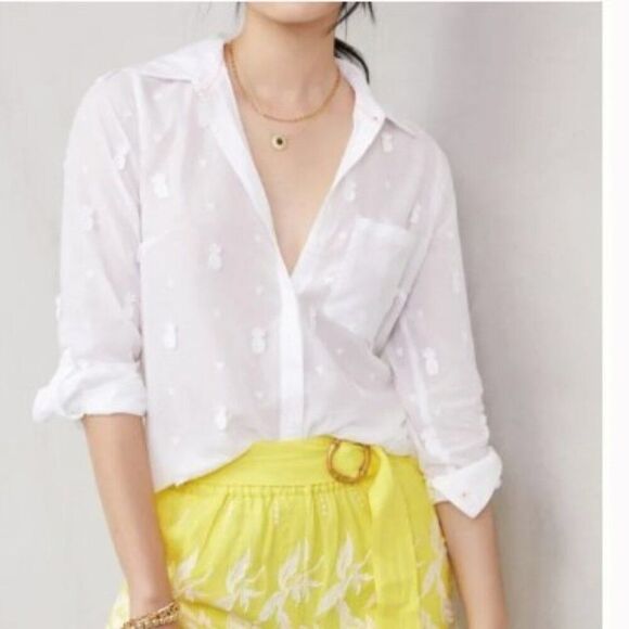 Maeve Blouse Button Down Pineapple Print Cotton Sheer Women’s 0p - Picture 1 of 13